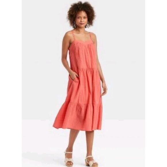 Knox Rose Tiered Sun Dress Women's XXL Coral Flowy Midi 100% Cotton Gauzy NEW - Picture 1 of 10